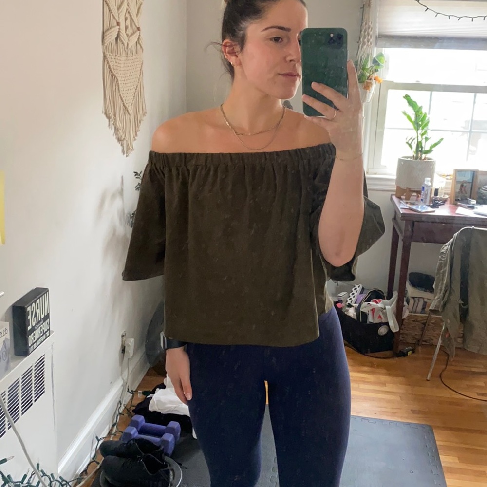Off the shoulder suede deep olive green top